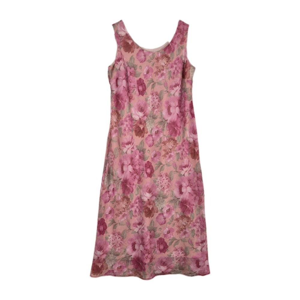 Vtg 90s R+K Sz 14 Pink Watercolor Floral Sleeveless Maxi Midi Dress Romantic.